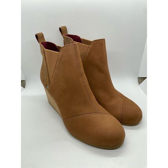 New TOMS Desert Tan Leopard Suede Kelsy Bootie 10014153 Wedge Comfort Sz 10 - Picture 2 of 11